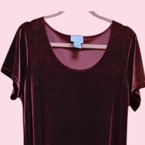 Cassini Burgundy Maxi Dress Short Sleeves Silky Velvet Texture
